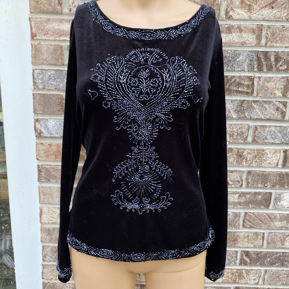 Art Deco Black Velvet Beaded Long Sleeve Pavè Eva Blue Shirt